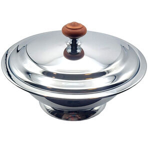 MCM Pyrex Casserole in Chrome Server w/Cover Wood Knob 12x7 YK